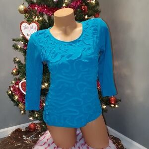 Cable & Gauge Design Shirt Top Blouse Medium Petite Blue EUC